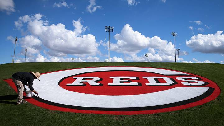 Alex Hernandez, a groundskeeper with the City of Goodyear, Arizona, tends to the Cincinnati Reds logo, Monday, Feb. 18, 2019.

Cincinnati Reds Picture Day 2019 2 19 2019