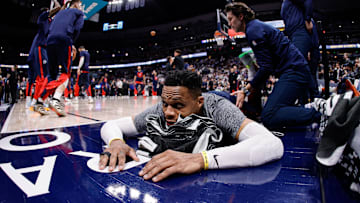 Apr 21, 2025; Denver, Colorado, USA; Denver Nuggets guard Russell Westbrook (4) stretches before game two of first round for the 2025 NBA Playoffs against the Los Angeles Clippers at Ball Arena. Mandatory Credit: Isaiah J. Downing-Imagn Images