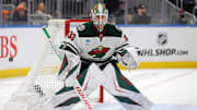 Nov 7, 2025; Elmont, New York, USA; Minnesota Wild goaltender Jesper Wallstedt (30) tends net against the New York Islanders during the second period at UBS Arena. Mandatory Credit: Brad Penner-Imagn Images