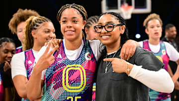 Trojans star JuJu Watkins (right) coached Saniyah Hall (left) during the Overtime Select Takeover weekend in June. Hall committed to USC a month later.