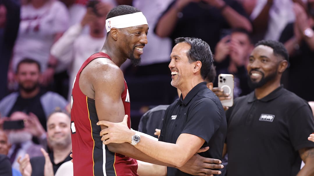 Mar 10, 2026; Miami, Florida, USA;  Miami Heat center Bam Adebayo (13) celebrates with head coach Erik Spoelstra after becoming the NBA's second highest scorer of points in a game with 83 against the Wshington Wizards at Kaseya Center. Mandatory Credit: Rhona Wise-Imagn Images