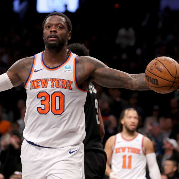 Jan 23, 2024; Brooklyn, New York, USA; New York Knicks forward Julius Randle (30) reacts during the fourth quarter against the Brooklyn Nets at Barclays Center. Mandatory Credit: Brad Penner-USA TODAY Sports