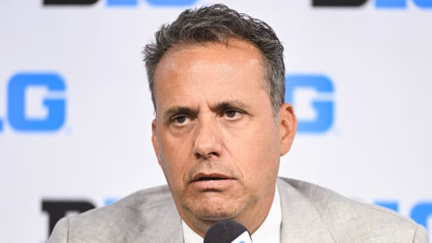 Washington Huskies head coach Jedd Fisch speaks to the media during the Big 10 football media day at Lucas Oil Stadium.