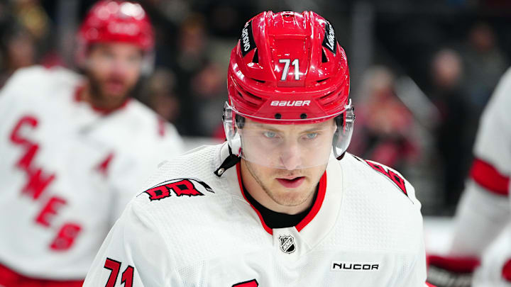 Feb 17, 2024; Las Vegas, Nevada, USA; Carolina Hurricanes right wing Jesper Fast (71) warms up before a game against the Vegas Golden Knights at T-Mobile Arena. Mandatory Credit: Stephen R. Sylvanie-Imagn Images