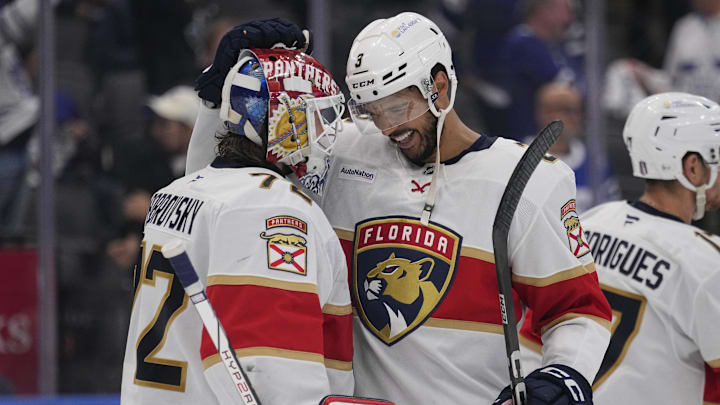 May 18, 2025; Toronto, Ontario, CAN; Florida Panthers defenseman Seth Jones (3) and goaltender Sergei Bobrovsky (72) celebrate winning game seven of the second round of the 2025 Stanley Cup Playoffs over the Toronto Maple Leafs at Scotiabank Arena. Mandatory Credit: John E. Sokolowski-Imagn Images