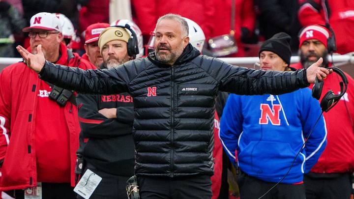 Nov 28, 2025; Lincoln, Nebraska, USA; Nebraska Cornhuskers head coach Matt Rhule reacts to a non-call on a play during the third quarter against the Iowa Hawkeyes at Memorial Stadium. Mandatory Credit: Dylan Widger-Imagn Images