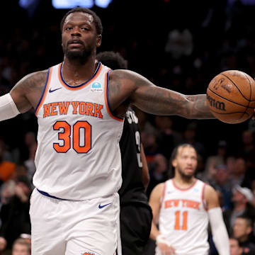 Jan 23, 2024; Brooklyn, New York, USA; New York Knicks forward Julius Randle (30) reacts during the fourth quarter against the Brooklyn Nets at Barclays Center. Mandatory Credit: Brad Penner-Imagn Images