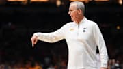 Tennessee head coach Rick Barnes sends out directions to the team during the NCAA Tournament Elite Eight game against Houston at Lucas Oil Stadium in Indianapolis, Ind., on Sunday, March 30, 2025.