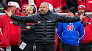 Nov 28, 2025; Lincoln, Nebraska, USA; Nebraska Cornhuskers head coach Matt Rhule reacts to a non-call on a play during the third quarter against the Iowa Hawkeyes at Memorial Stadium. 
