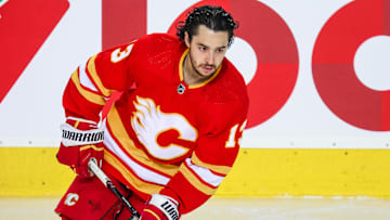 May 26, 2022; Calgary, Alberta, CAN; Calgary Flames left wing Johnny Gaudreau (13) skates during the warmup period against the Edmonton Oilers in game five of the second round of the 2022 Stanley Cup Playoffs at Scotiabank Saddledome. Mandatory Credit: Sergei Belski-Imagn Images