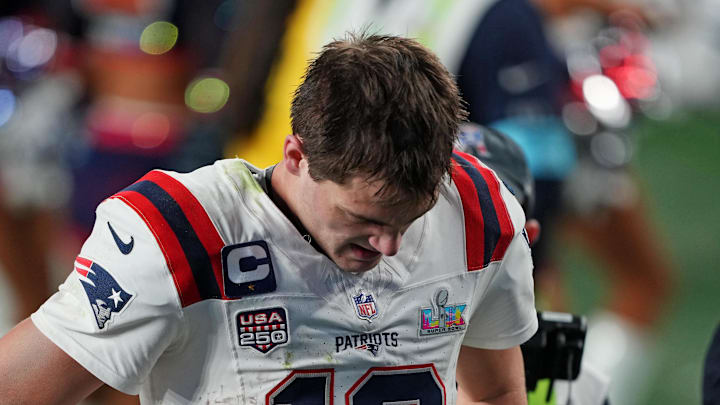 Feb 8, 2026; Santa Clara, CA, USA; New England Patriots quarterback Drake Maye (10) exits the field after the loss against the Seattle Seahawks in Super Bowl LX at Levi's Stadium. Mandatory Credit: Darren Yamashita-Imagn Images