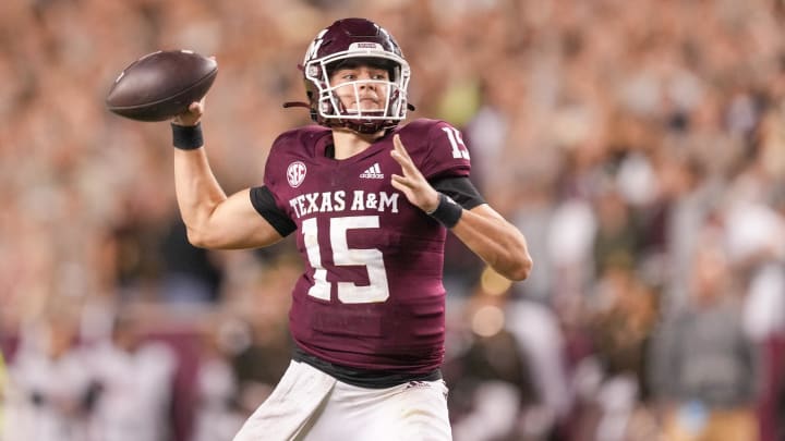 Oct 29, 2022; College Station, Texas, USA; Texas A&M Aggies quarterback Conner Weigman (15) throws a pass against the Mississippi Rebels in the second half at Kyle Field. 