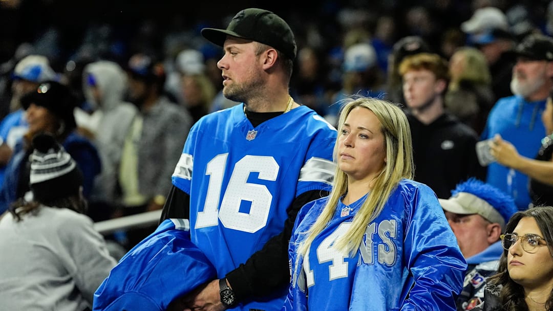 Detroit Lions fans react after 45-31 loss to Washington Commanders at the NFC divisional round at Ford Field in Detroit on Saturday, Jan. 18, 2025.
