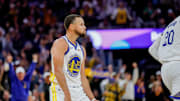 Oct 23, 2025; San Francisco, California, USA;  Golden State Warriors guard Stephen Curry (30) does a dance after a basket against the Denver Nuggets during the fourth quarter at Chase Center. Mandatory Credit: Bob Kupbens-Imagn Images