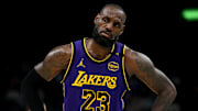 Nov 6, 2024; Memphis, Tennessee, USA; Los Angeles Lakers forward LeBron James (23) reacts during the second half against the Memphis Grizzlies at FedExForum. Mandatory Credit: Petre Thomas-Imagn Images
