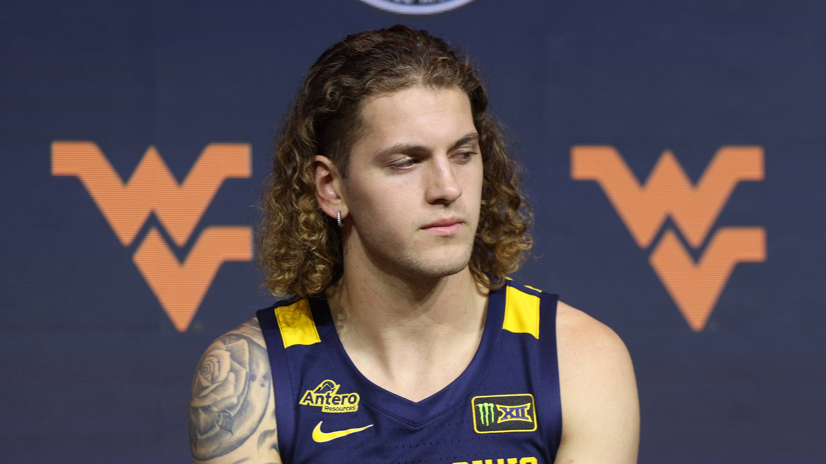 Oct 21, 2026; Kansas City, MO, USA; West Virginia player Finley Bizjack is interviewed during the big 12 Media Days at T-Mobile Center. | IMAGN IMAGES via Reuters Connect