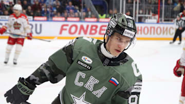 Ivan Demidov (91) of SKA Hockey Club seen in action during...