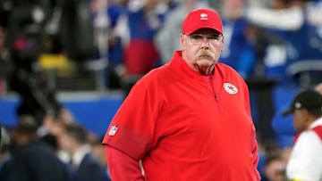 Sep 21, 2025; East Rutherford, New Jersey, USA; Kansas City Chiefs head coach Andy Reid looks on before the game against the New York Giants at MetLife Stadium. Mandatory Credit: Robert Deutsch-Imagn Images