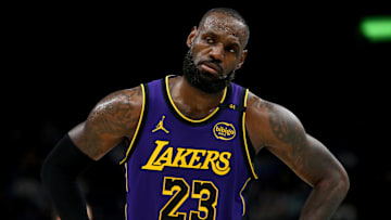 Nov 6, 2024; Memphis, Tennessee, USA; Los Angeles Lakers forward LeBron James (23) reacts during the second half against the Memphis Grizzlies at FedExForum. Mandatory Credit: Petre Thomas-Imagn Images