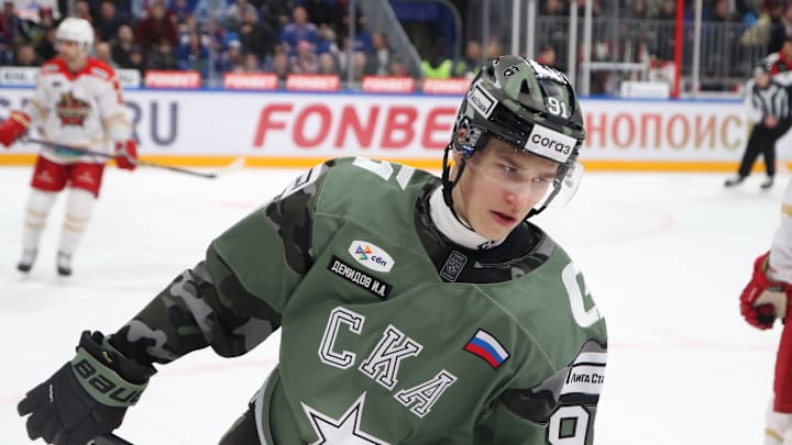 Ivan Demidov (91) of SKA Hockey Club seen in action during...