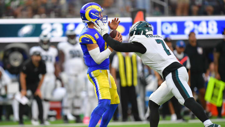 Oct 8, 2023; Inglewood, California, USA; Los Angeles Rams quarterback Matthew Stafford (9) is sacked by Philadelphia Eagles linebacker Haason Reddick (7) during the second half at SoFi Stadium. 