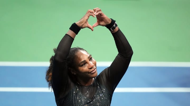 Serena Williams gestures to the crowd after a match against Ajla Tomljanovic of Australia during the 2022 U.S. Open tennis tournament at USTA Billie Jean King Tennis Center.