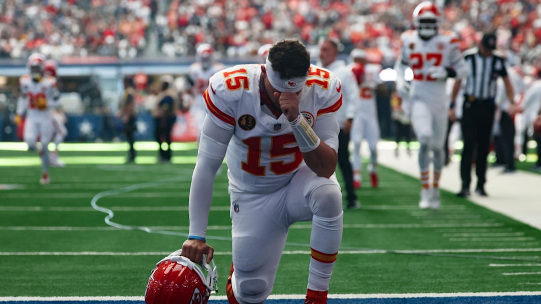 Nov 27, 2025; Arlington, Texas, USA; Kansas City Chiefs quarterback Patrick Mahomes (15) is seen before the game against the Dallas Cowboys at AT&T Stadium. Mandatory Credit: Kevin Jairaj-Imagn Images