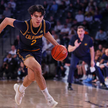 Feb 15, 2025; Atlanta, Georgia, USA; California Golden Bears guard Andrej Stojakovic (2) dribbles against the Georgia Tech Yellow Jackets in the first half at McCamish Pavilion. Mandatory Credit: Brett Davis-Imagn Images