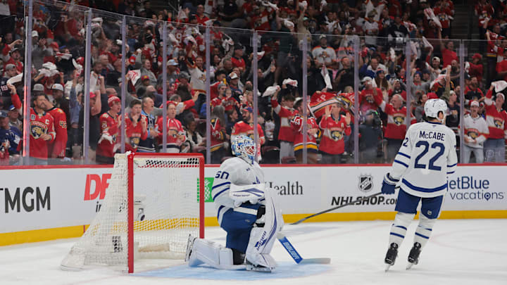 May 9, 2025; Sunrise, Florida, USA; Toronto Maple Leafs goaltender Joseph Woll (60) and defenseman Jake McCabe (22) look on after. Goal by Florida Panthers center Sam Reinhart (not pictured) during the second period in game three of the second round of the 2025 Stanley Cup Playoffs at Amerant Bank Arena. Mandatory Credit: Sam Navarro-Imagn Images