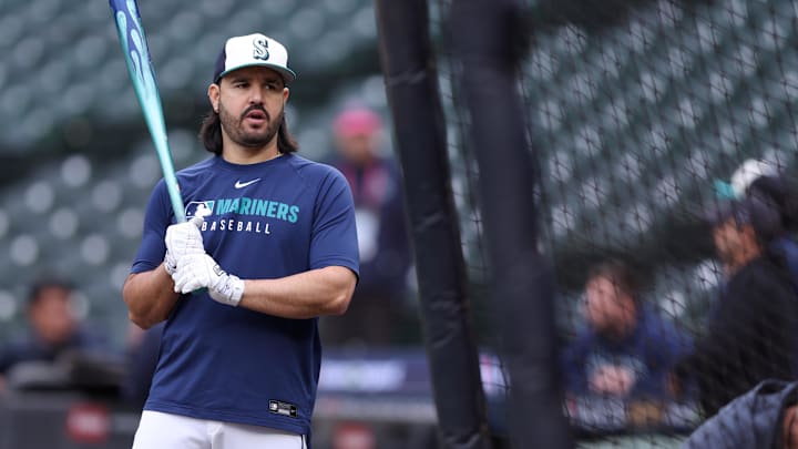 Oct 16, 2025; Seattle, Washington, USA; Seattle Mariners third baseman Eugenio Suarez (28) looks on during batting practice prior to game four of the ALCS round against the Toronto Blue Jays for the 2025 MLB playoffs at T-Mobile Park. Mandatory Credit: Kevin Ng-Imagn Images