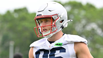 Jun 9, 2025; Foxborough, MA, USA; New England Patriots wide receiver Efton Chism III (86) runs the ball after the catch during minicamp at Gillette Stadium. Mandatory Credit: Eric Canha-Imagn Images