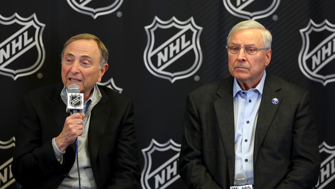 Jan 12, 2026; Buffalo, New York, USA;  NHL Commissioner Gary Bettman along with Buffalo Sabres owner Terry Pegula announce that the 2026 NHL Draft will take place in Buffalo at KeyBank Center. Mandatory Credit: Timothy T. Ludwig-Imagn Images