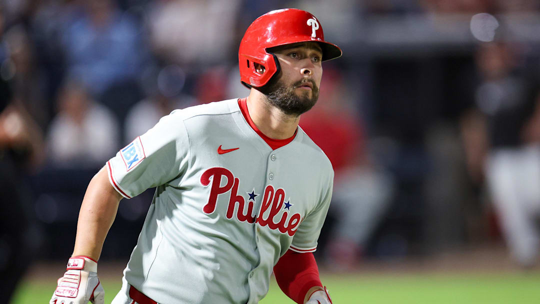 Mar 14, 2025; Tampa, Florida, USA; Philadelphia Phillies outfielder Cal Stevenson (47) hits a two run home run against the New York Yankees in the seventh inning during spring training at George M. Steinbrenner Field. Mar 14, 2025; Tampa, Florida, USA; Philadelphia Phillies outfielder Cal Stevenson (47) hits a two run home run against the New York Yankees in the seventh inning during spring training at George M. Steinbrenner Field.