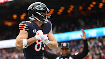 Dec 22, 2024; Chicago, Illinois, USA; Chicago Bears tight end Cole Kmet (85) reacts after making a touchdown catch against the Detroit Lions during the second quarter at Soldier Field. Mandatory Credit: Mike Dinovo-Imagn Images