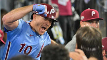 Oct 8, 2025; Los Angeles, California, USA; Philadelphia Phillies catcher J.T. Realmuto (10) celebrates after hitting a solo home run during the eighth inning against the Los Angeles Dodgers during game three of the NLDS round for the 2025 MLB playoffs at Dodger Stadium.