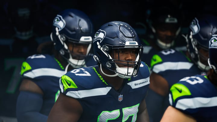 Nov 12, 2023; Seattle, Washington, USA; Seattle Seahawks offensive tackle Charles Cross (67) exits the locker room before a game against the Washington Commanders at Lumen Field. Mandatory Credit: Joe Nicholson-USA TODAY Sports