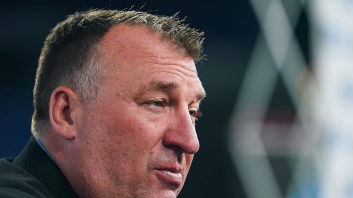 Jul 26, 2023; Indianapolis, IN, USA; Illinois Fighting Illini head coach Bret Bielema speaks to the media during the Big 10 football media day at Lucas Oil Stadium. Mandatory Credit: Robert Goddin-USA TODAY Sports