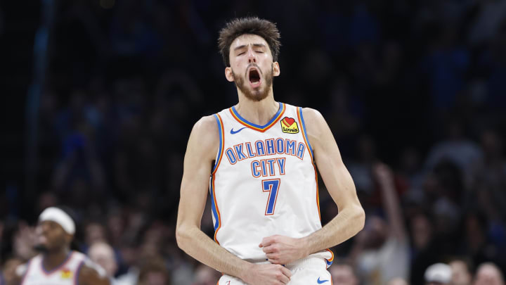 Dec 8, 2023; Oklahoma City, Oklahoma, USA; Oklahoma City Thunder forward Chet Holmgren (7) celebrates after a basket against the Golden State Warriors during the second half at Paycom Center. Mandatory Credit: Alonzo Adams-USA TODAY Sports