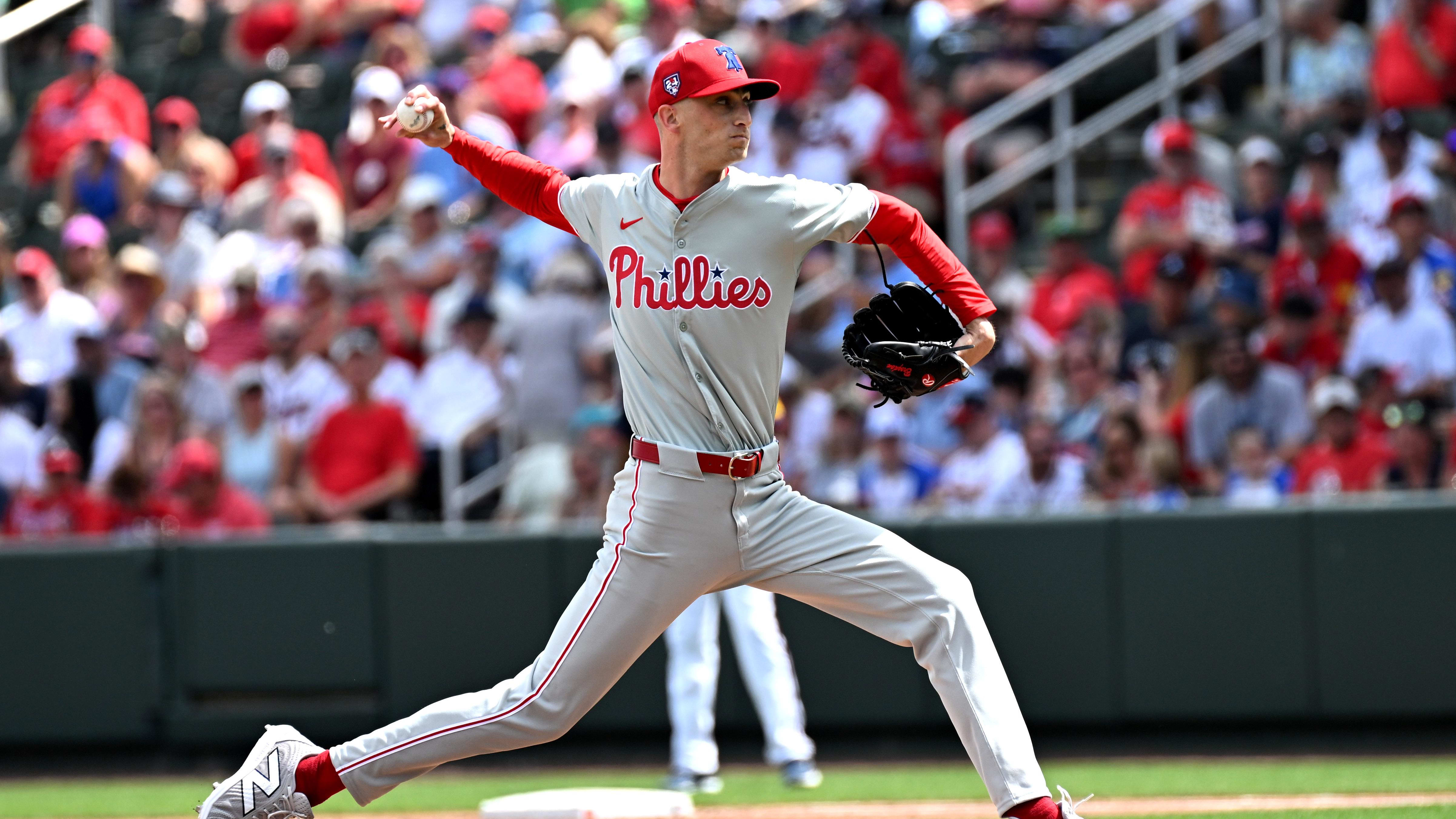 Mar 3, 2024; North Port, Florida, USA; Philadelphia Phillies reliever Connor Brogdon (75) throws a pitch at Spring Training.