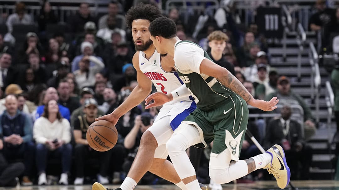 Dec 3, 2025; Milwaukee, Wisconsin, USA; Detroit Pistons guard Cade Cunningham (2) brings the ball up the court against Milwaukee Bucks guard Ryan Rollins (13) in the second half at Fiserv Forum. Mandatory Credit: Michael McLoone-Imagn Images Dec 3, 2025; Milwaukee, Wisconsin, USA; Detroit Pistons guard Cade Cunningham (2) brings the ball up the court against Milwaukee Bucks guard Ryan Rollins (13) in the second half at Fiserv Forum. Mandatory Credit: Michael McLoone-Imagn Images