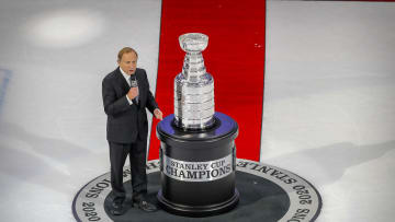 Sep 28, 2020; Edmonton, Alberta, CAN; NHL commissioner Gary Bettman stands next to the Stanley Cup after the game between the Dallas Stars and the Tampa Bay Lightning in game six of the 2020 Stanley Cup Final at Rogers Place. Mandatory Credit: Perry Nelson-USA TODAY Sports