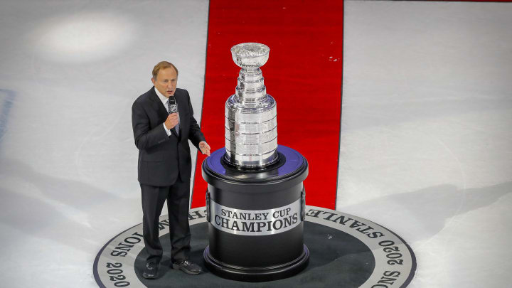 Sep 28, 2020; Edmonton, Alberta, CAN; NHL commissioner Gary Bettman stands next to the Stanley Cup after the game between the Dallas Stars and the Tampa Bay Lightning in game six of the 2020 Stanley Cup Final at Rogers Place. Mandatory Credit: Perry Nelson-USA TODAY Sports