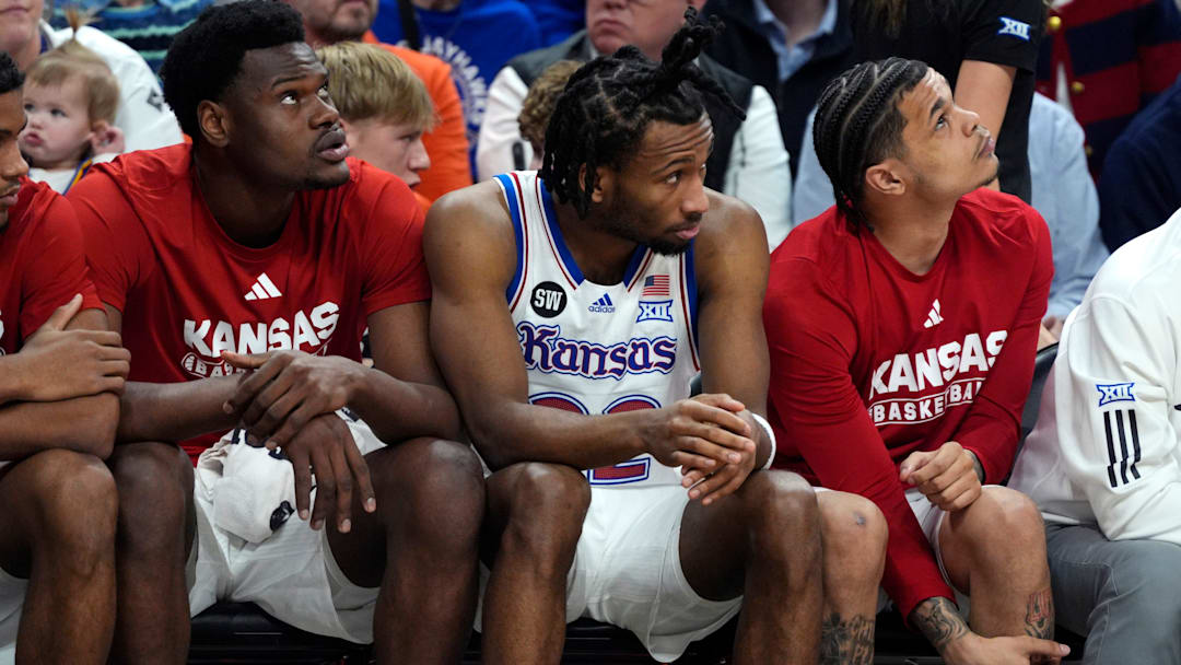 Kansas Jayhawks guard Darryn Peterson (22) sits on th bench in the second half of a men's college basketball game between the Oklahoma State Cowboys and the Kansas Jayhawks at Gallagher-Iba Arena in Stillwater, Okla., Wednesday, Feb. 18, 2026.