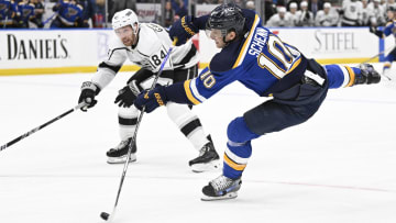 St. Louis Blues center Brayden Schenn (10) scores in overtime