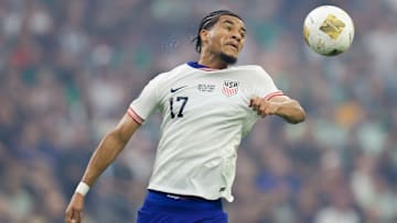 Malik Tillman heading the ball during the 2025 Gold Cup Final