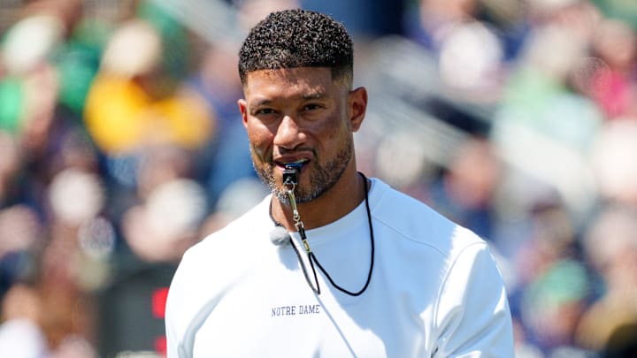 Notre Dame head coach Marcus Freeman during the Blue-Gold spring game at Notre Dame Stadium on Saturday, April 25, 2026, in South Bend.
