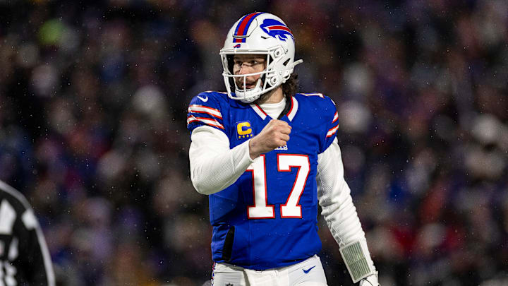 Buffalo Bills quarterback Josh Allen celebrates in the Divisional Round against the Baltimore Ravens
