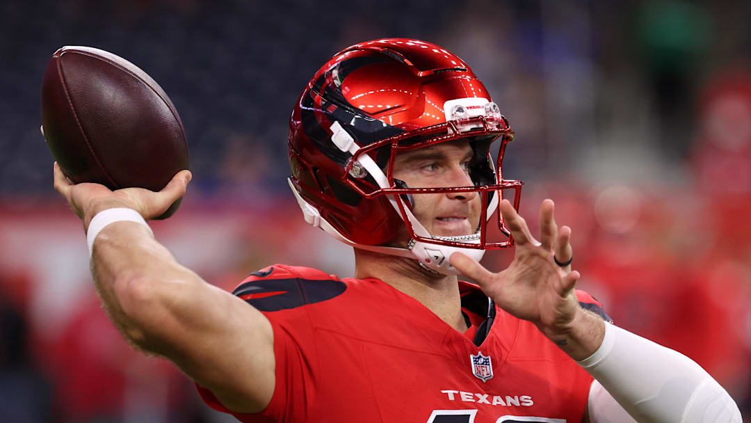 Nov 20, 2025; Houston, Texas, USA; Houston Texans quarterback Davis Mills (10) warms up before the game against the Buffalo Bills at NRG Stadium.