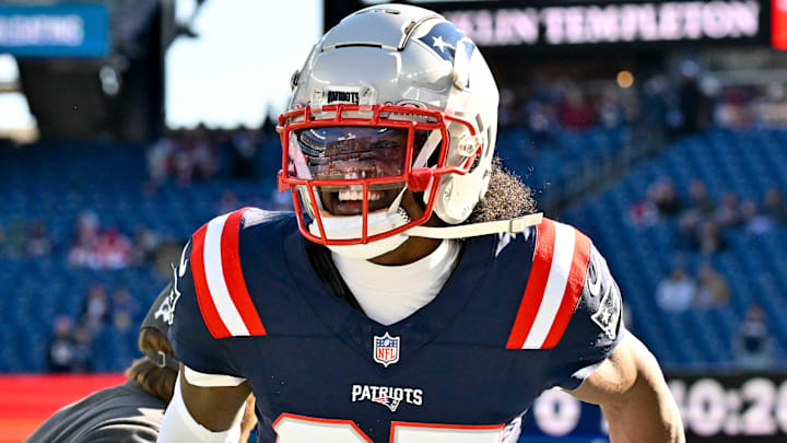 Nov 17, 2024; Foxborough, Massachusetts, USA; New England Patriots cornerback Marcellas Dial Jr. (27) warms up before a game against the Los Angeles Rams at Gillette Stadium. Mandatory Credit: Eric Canha-Imagn Images