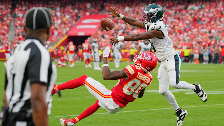 Sep 14, 2025; Kansas City, Missouri, USA; Philadelphia Eagles cornerback Adoree' Jackson (8) breaks up a pass intended for Kansas City Chiefs wide receiver Tyquan Thornton (80) during the fourth quarter of the game at GEHA Field at Arrowhead Stadium. Mandatory Credit: Jay Biggerstaff-Imagn Images
